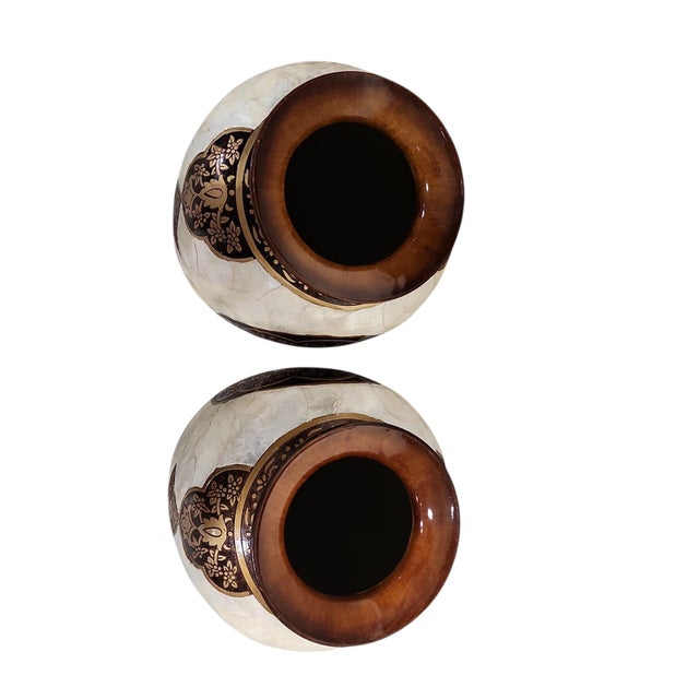 Mediterranean Vintage Pair Urn Shaped Mandala Pattern Mother of Pearl Shell Vases For Sale - Image 3 of 6