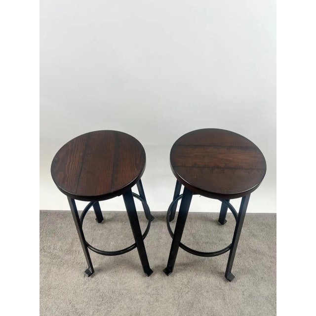 Metal Vintage Industrial Style Round Wood Top Bar Stools W Black Iron Legs, Set of 4 For Sale - Image 7 of 11