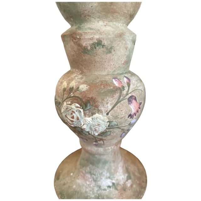 Monumental Vintage Terracotta Candlesticks Raised Rose Relief 15 Inch Pair For Sale - Image 11 of 15