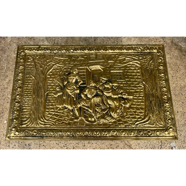 Victorian Mid 20th Century Pressed Embossed Brass Firewood Coal Kindling Box Fireside Tavern Scene For Sale - Image 3 of 12