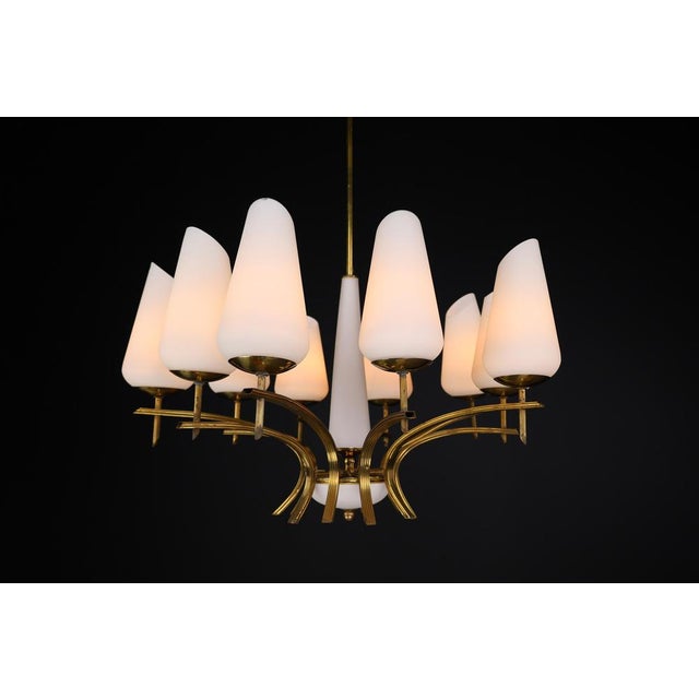 Mid-Century Modern Brass and Opaline Glass Chandelier, France, 1950s For Sale - Image 3 of 15