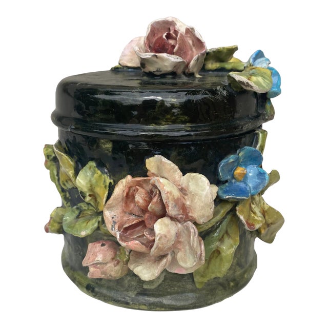 19th Century Majolica Impressionist Flowers Box For Sale