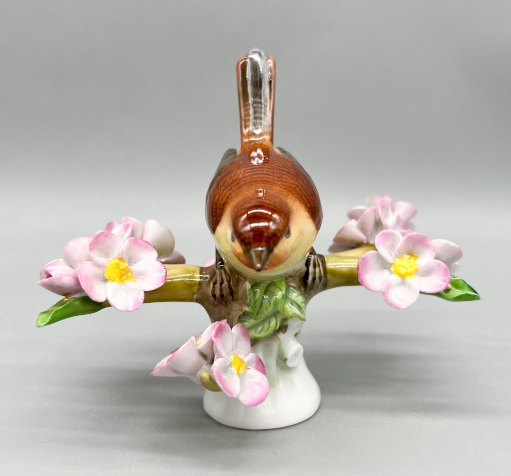 Vintage Herend Hungary Hand-Painted Songbird With Pink Blossoms