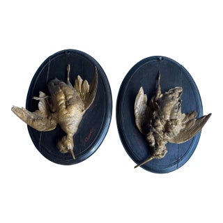 Air 19c Bronze Patina Game Bird Trophy Plaques Wood Mounted Signed P. Comolera For Sale