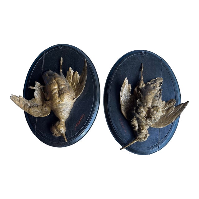 Air 19c Bronze Patina Game Bird Trophy Plaques Wood Mounted Signed P. Comolera For Sale