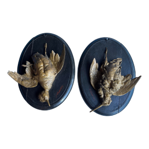 Air 19c Bronze Patina Game Bird Trophy Plaques Wood Mounted Signed P. Comolera