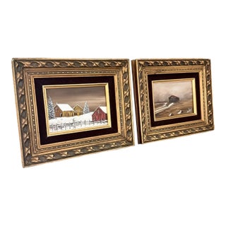 Pair Vintage Framed Winter Landscape Oil Paintings Signed John Peppe For Sale