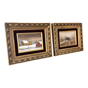 Pair Vintage Framed Winter Landscape Oil Paintings Signed John Peppe