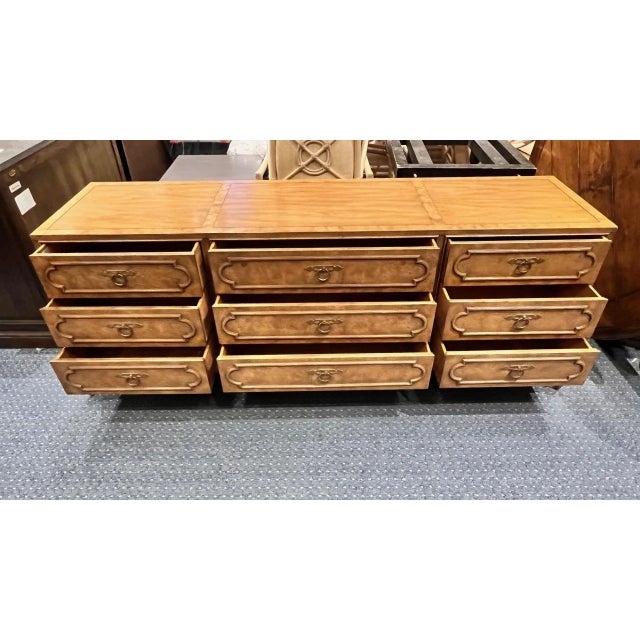 1970s Mastercraft Burlwood 9-Drawer Dresser W/ Brass Ring Pulls For Sale - Image 9 of 12