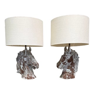 1970s Horse Head Table Lamps Metal Sculpture Rustic Equestrian Weathered - a Pair For Sale
