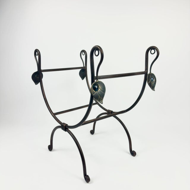 Hand Forged Iron Log Holder (51cm) Antique Copper Leaf Design Firewood Rack For Sale - Image 6 of 10