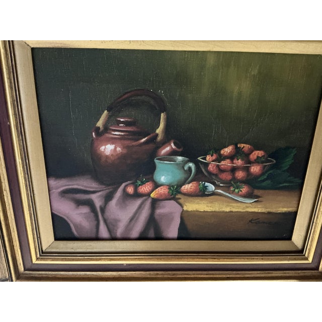 Pair of Mid-Century Still Life Oil Paintings Signed Kance in Carved Gilt Wooden Frames For Sale - Image 9 of 11
