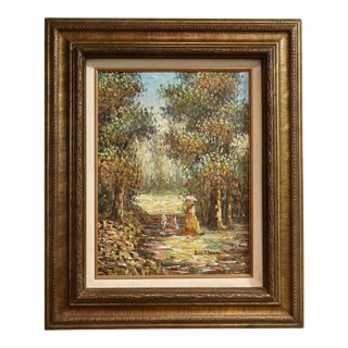 Late 20th Century Impressionist Oil Painting, Palette Knife Park Scene With Figures, Giltwood Frame, Signed Alan Watters For Sale