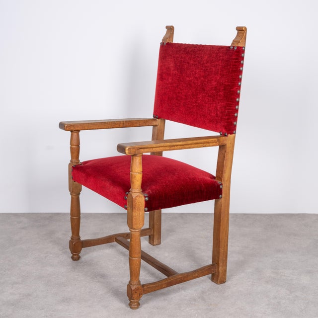 Vintage Burgundy Oak Armchair, 1920s For Sale - Image 6 of 6