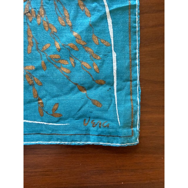 Vera Neumann Vintage Vera Neumann Pure Silk Scarf, Turquoise and Bronze Botanical Print, Signed Vera, 16" X 16" For Sale - Image 4 of 6