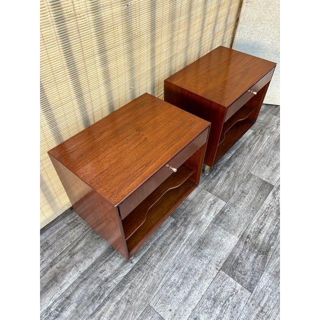 Brown A Pair of Refinished Mid Century Modern Nightstands by John Stuart. Circa 1960s For Sale - Image 8 of 17