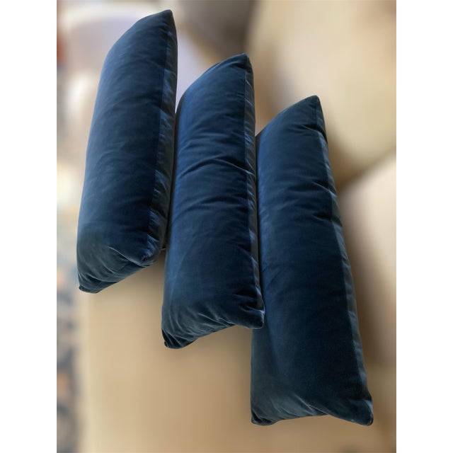 2010s Set of 3 Navy Blue Velvet Lumbar / Kidney Pillows With Down Inserts For Sale - Image 5 of 18