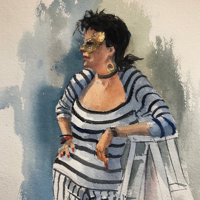 Realism Original Vintage Female in Mask Portrait Watercolor Painting Signed For Sale - Image 3 of 5