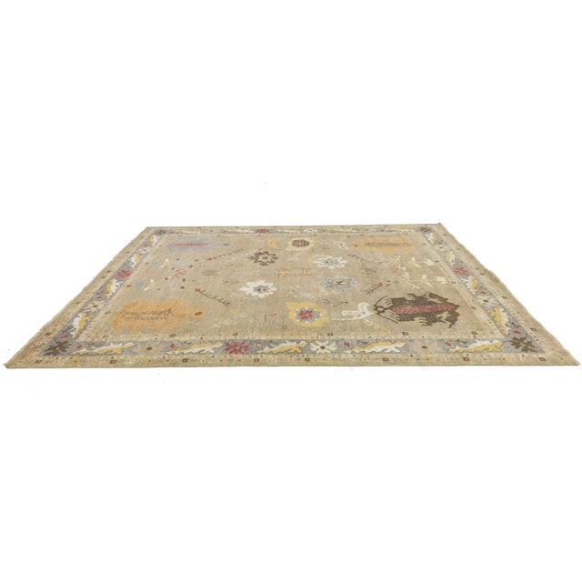 Textile Room Sized Modern Floral Oushak Style Brown Wool Rug in a 12 X 15 For Sale - Image 7 of 10