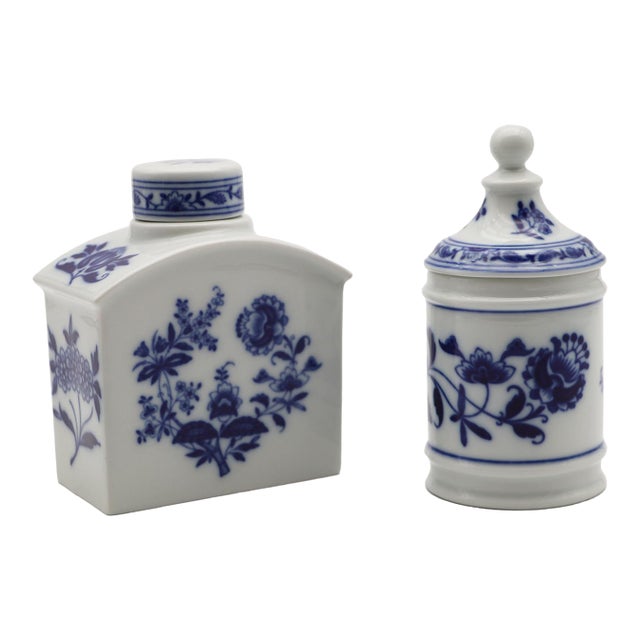 Tea Caddy and Covered Pot Blue & White Floral Pattern,Vista Alegre, Portugal, 1990s For Sale