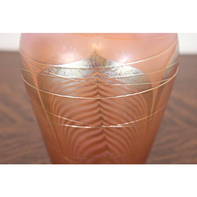 Glass Louis Comfort Tiffany Style Iridescent Art Glass Pulled Feather Vase by Stephen Correia For Sale - Image 7 of 13