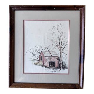 Vintage 1977 Signed Watercolor Painting of Red Barn – Framed Rural Landscape For Sale