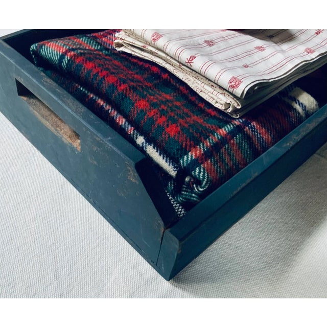 Wood Vintage c.1950 Adirondack Camp Blanket Storage Tray With Original Blue Paint For Sale - Image 7 of 18