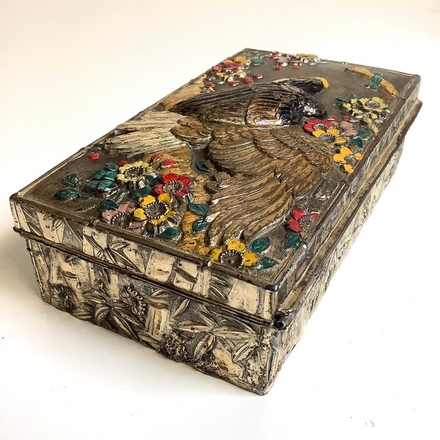 Platinum 1960s Stunning Japan Ornate Eagle Cast Metal Trinket Box W/Hinged Lid Colored Repousse For Sale - Image 8 of 10