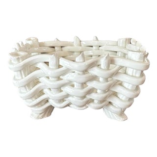 Vintage Ceramic Basketweave / Basket Woven Footed Blanc De Chine Style Cachepot / Planter / Bowl / Vide Poche, Made in Spain For Sale