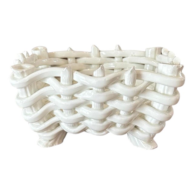 Vintage Ceramic Basketweave / Basket Woven Footed Blanc De Chine Style Cachepot / Planter / Bowl / Vide Poche, Made in Spain For Sale