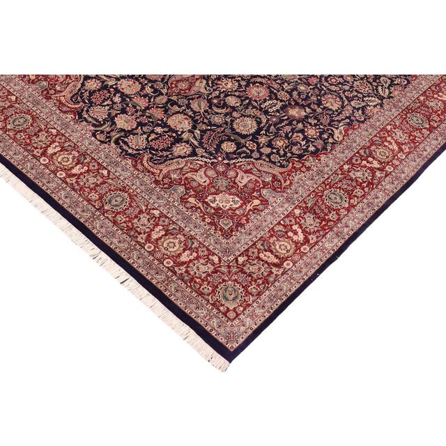 Shabby Chic Medallion Kazveen Pak-Persian Blue/Red Wool&Silk Rug - 9'9'' X 14'4'' For Sale - Image 3 of 8