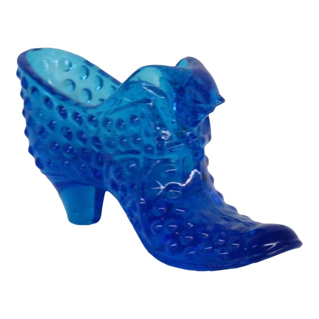 Fenton Blue Hobnail Cat Head Victorian Glass Slipper Shoe Figurine For Sale