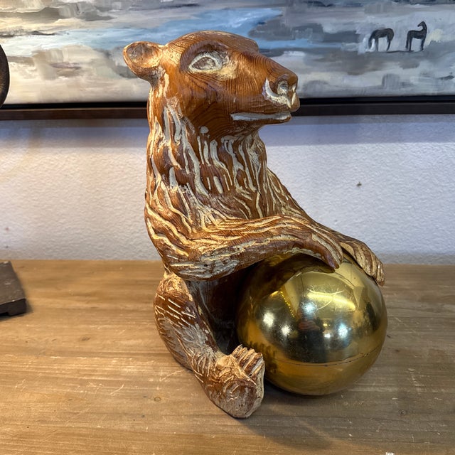 Brass Carved Bear With Brass Sphere Knotty Pine Made in Italy by Sarried For Sale - Image 8 of 12