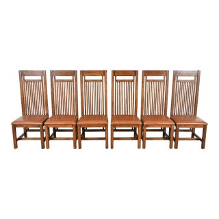 Frank Lloyd Wright Arts & Crafts Oak and Leather High Back Dining Chairs, Set of Six For Sale