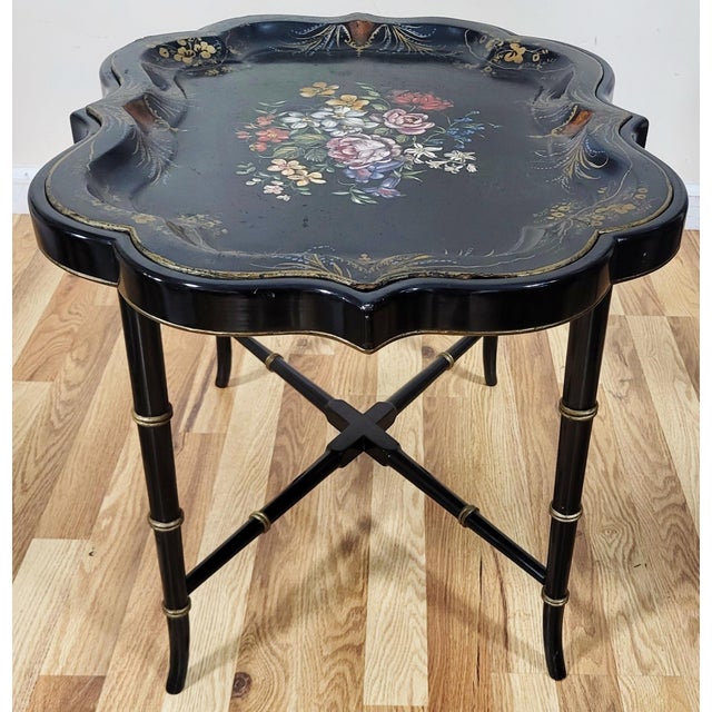 Mid 20th Century Antique Regency Style Bamboo Carved & Painted Paper Mache Tray Coffee Table For Sale - Image 5 of 12