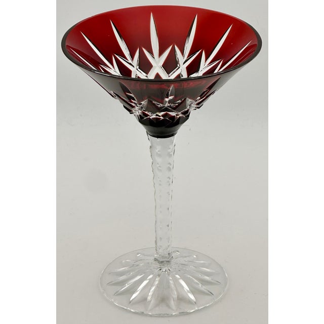 Mid 20th Century Mid 20th Century Stunning Set of 5 Large Vintage Mid Century 2 Color Overlay Deep Hand Cut to Clear Martini & Wine Glasses For Sale - Image 5 of 18