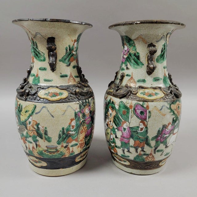 Chinoiserie Pair Chinese Nanking Crackle Glaze Famille Verte Warrior Vases With Dragons, Late Qing C. 1880 For Sale - Image 3 of 10