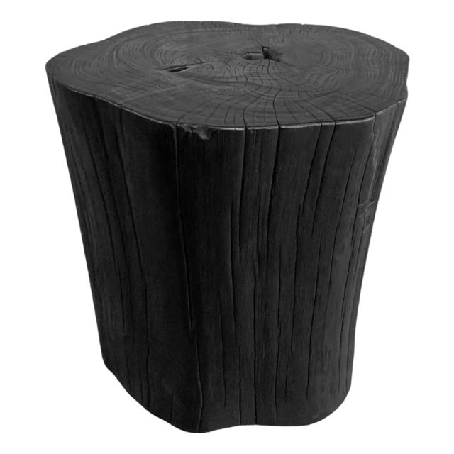 Tree Trunk Side Table Solid Teak Wood Burnt Finish Modern Organic For Sale