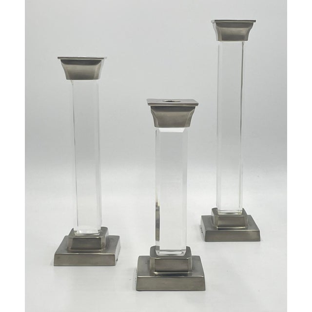 Silver 1970s Set of 3 Signed Lucite & Aged Nickel Candle Holders by Charles Hollis Jones, Usa For Sale - Image 8 of 18