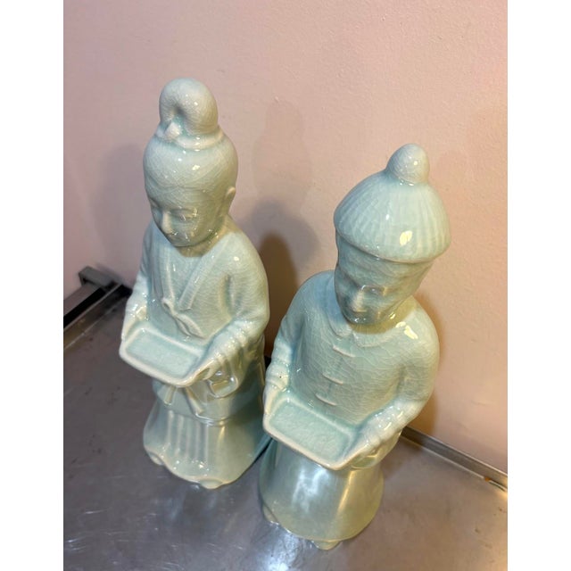 Asian Maitland-Smith Celadon Ceramic Asian Figurines / Statues Set of Two For Sale - Image 3 of 7