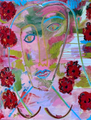 "With Poppies" Contemporary Abstract Expressionist Portrait Oil Painting by Monica Shulman