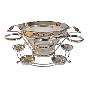 Mid 20th Century Dorothy Thorpe Style Silver Rim Punch Bowl & Chrome Stand With Teak Handles