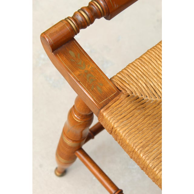 Vintage Hitchcock-Style Maple Bench With Woven Rush Seat & Gold Stenciling For Sale - Image 10 of 18