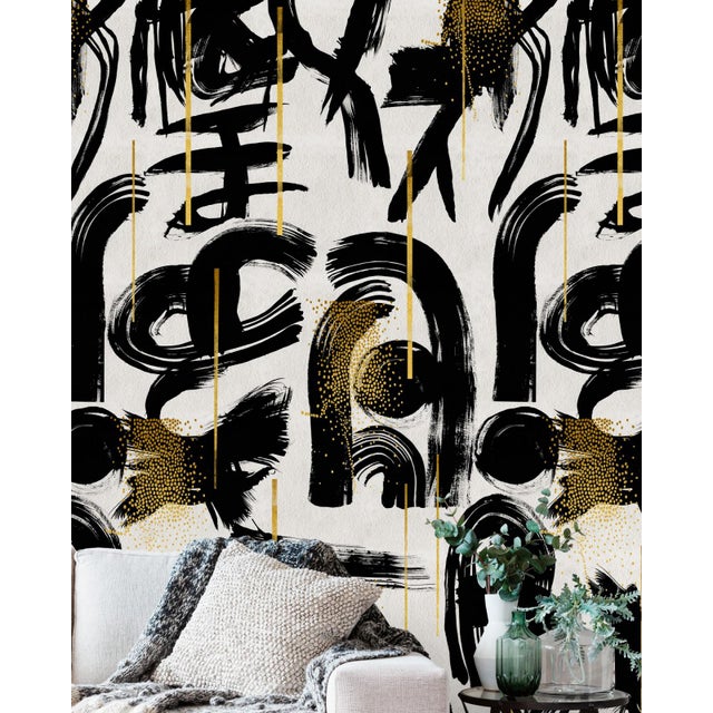 A truly abstract masterpiece, on a white background, with an energetic palette of bold black brush-like strokes. Golden,...