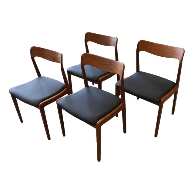 Teak Chairs with Black Leather Seats by Henning Kjærnulf for Korup Stolefabrik, 1960s, Set of 4 For Sale