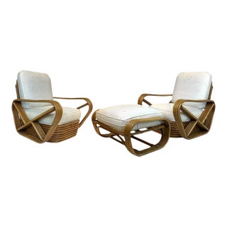 Pair of Rattan 1940s Paul Frankl Style Pretzel Chairs With Ottoman From Japan For Sale