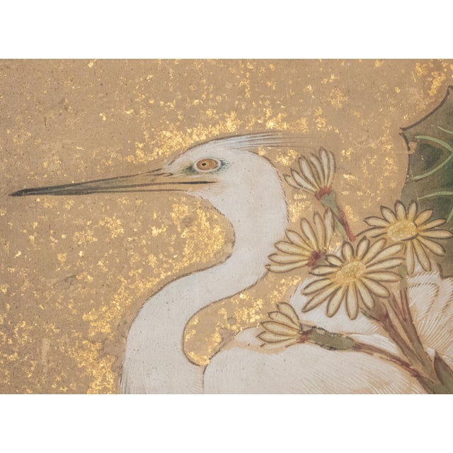 "Egrets and Sparrow", C. 1950s Japanese Yamato-E Style Byobu Screen For Sale - Image 11 of 18