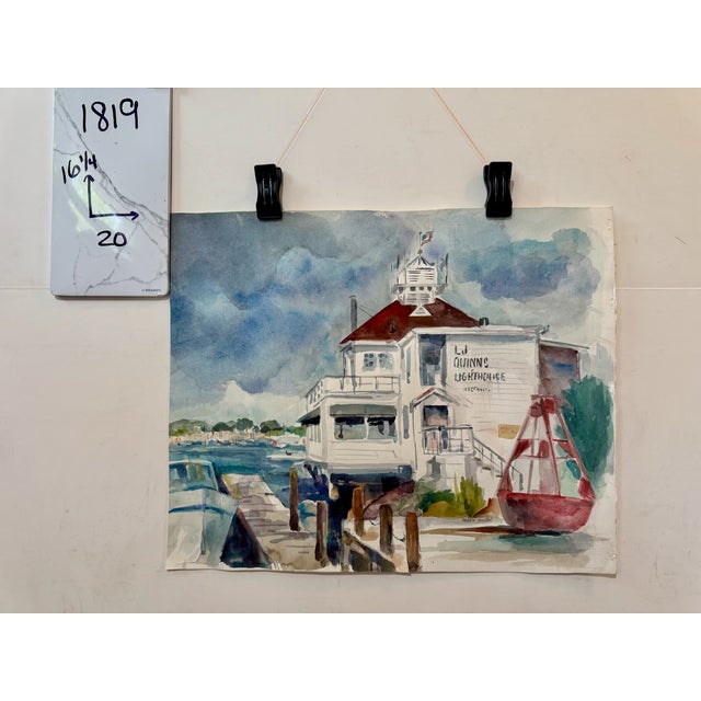 Brick Red Marie Guella Signed Original Watercolor Painting Lighthouse Harbor Nautical Scene For Sale - Image 8 of 8
