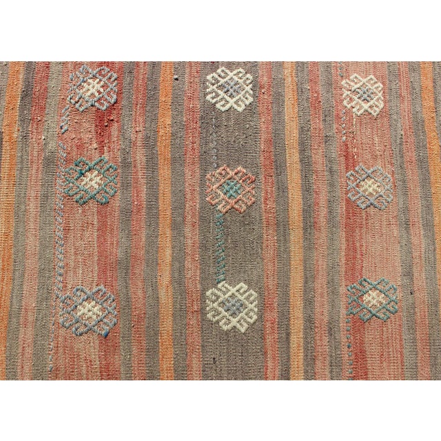Colorful Vintage Hand Woven Turkish Flat-Weave Kilim Rug With Striped Geometric Design For Sale - Image 10 of 13