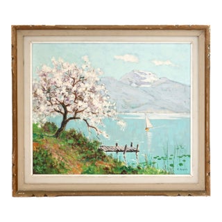 French Painting of Sailboat & Flowering Tree For Sale